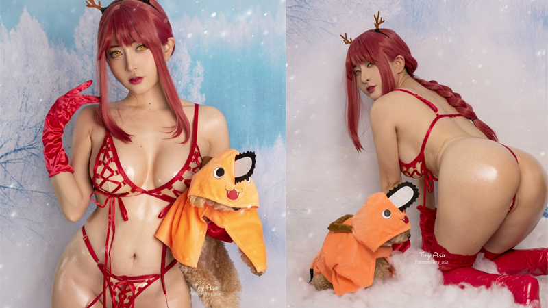 Ngắm em gái Tiny Asa cosplay XMAS Makima mặc bộ đồ lót Đỏ siêu dâm